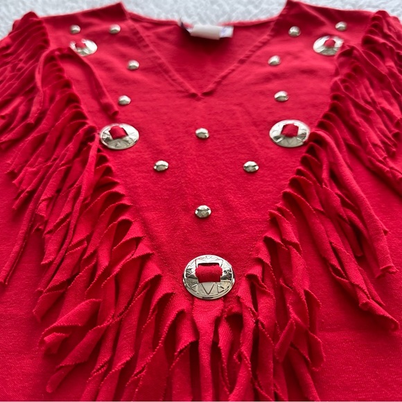 VTG red fringe western sleeveless tank top V tee star conchos silver buttons L - Picture 4 of 9